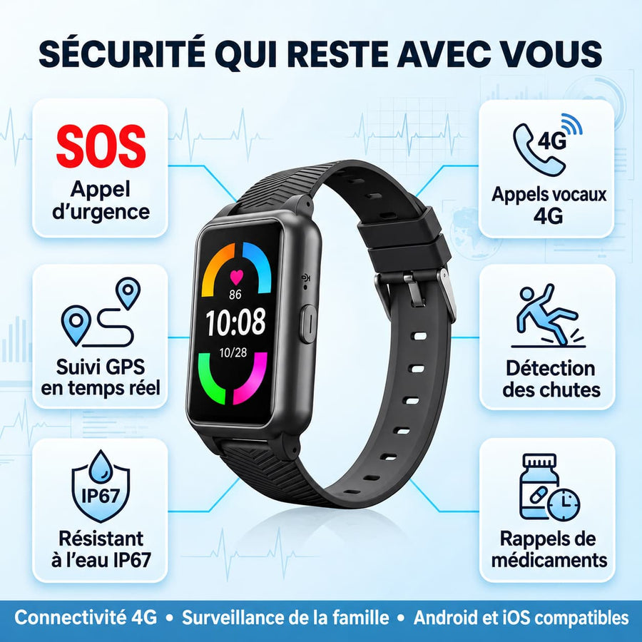 Montre Connectée Senior SOS et Détection de Chute 4G